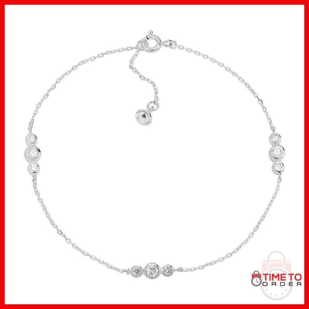 Sterling Silver Cubic Zirconia Anklet 9" + 1" Extender Adjustable